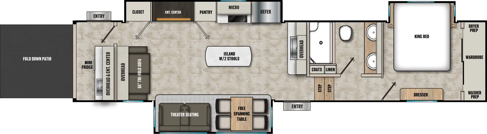 The Phoenix 389DEK floorplan has one entry and three slide outs. Exterior features include: fiberglass exterior. Interiors features include: kitchen island, free-standing dinette option and front bedroom.